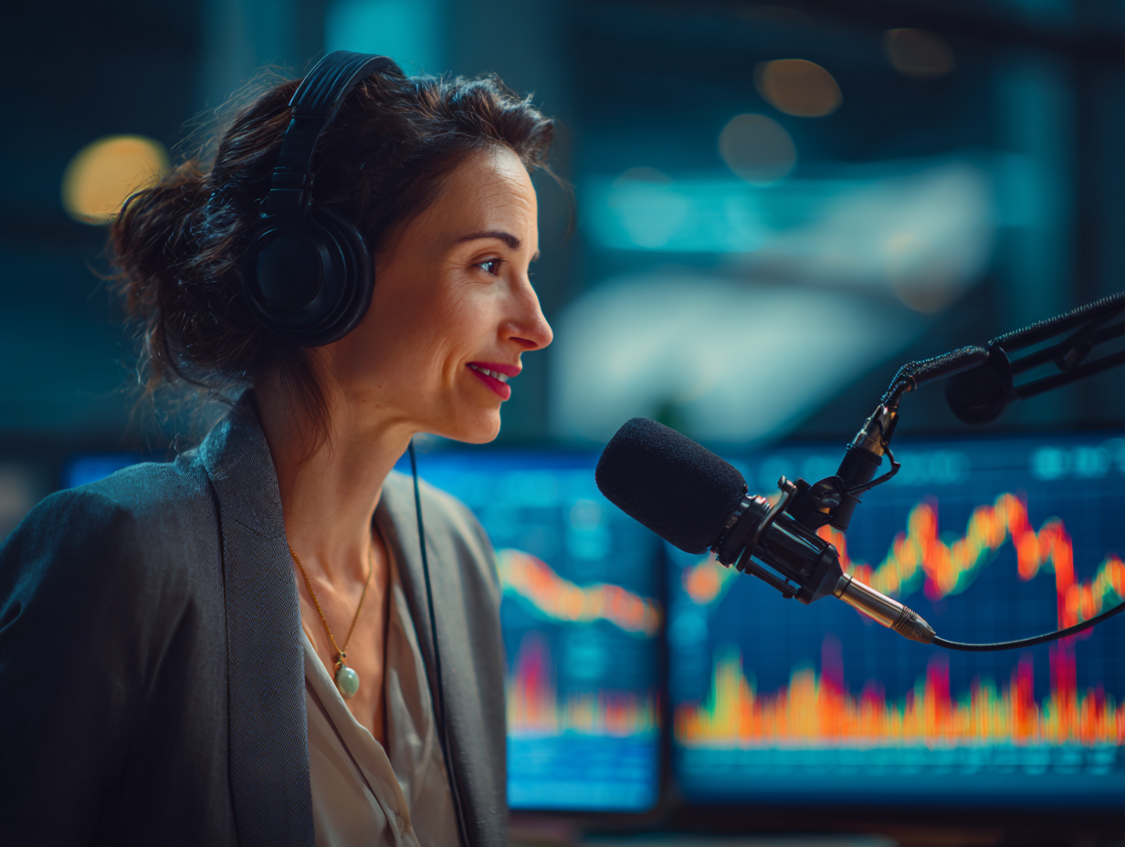Podcast host discussing the economy in a recording studio